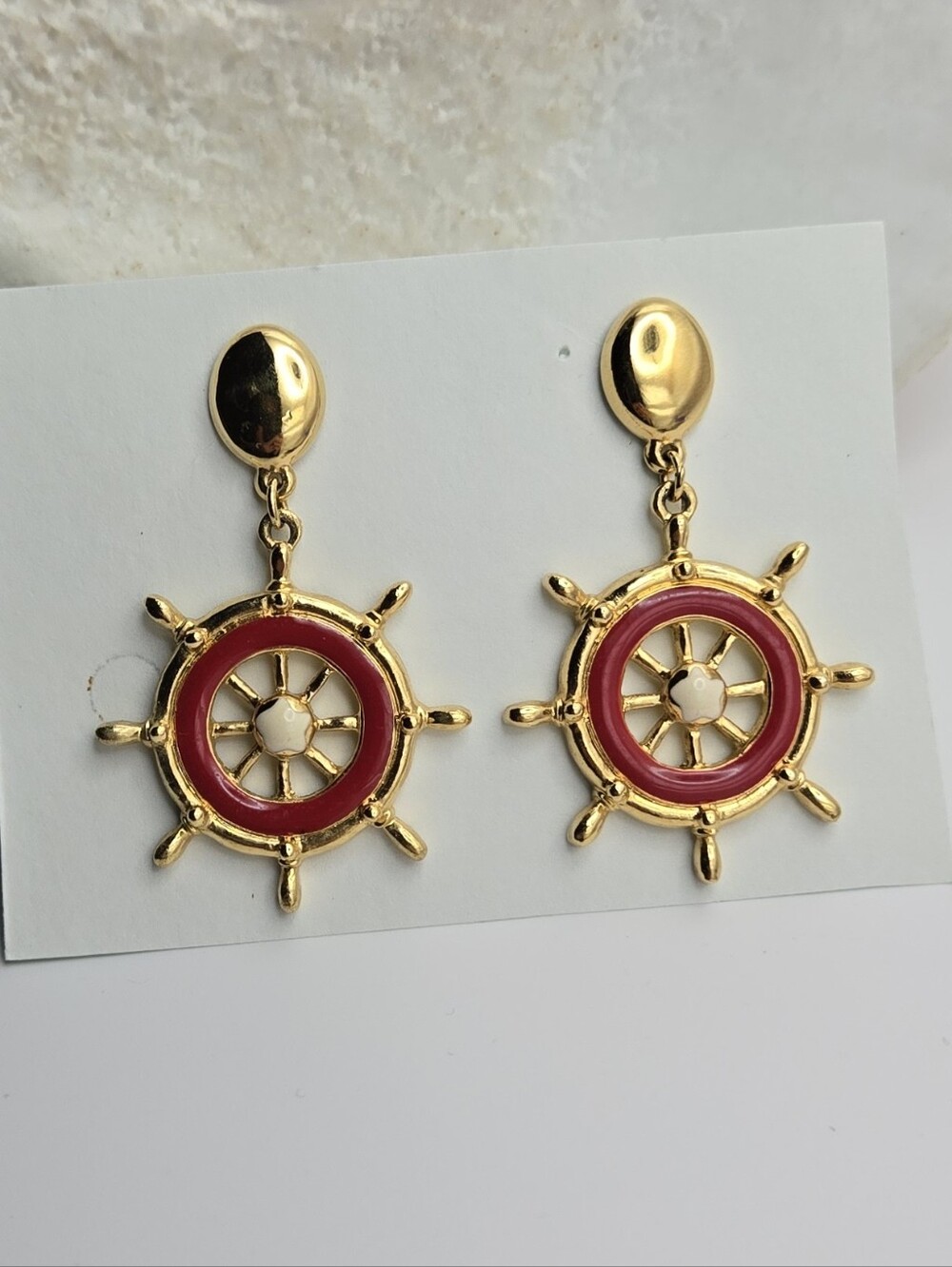 Avon Gold & Red Nautical Ship Wheel Earrings Vintage Style